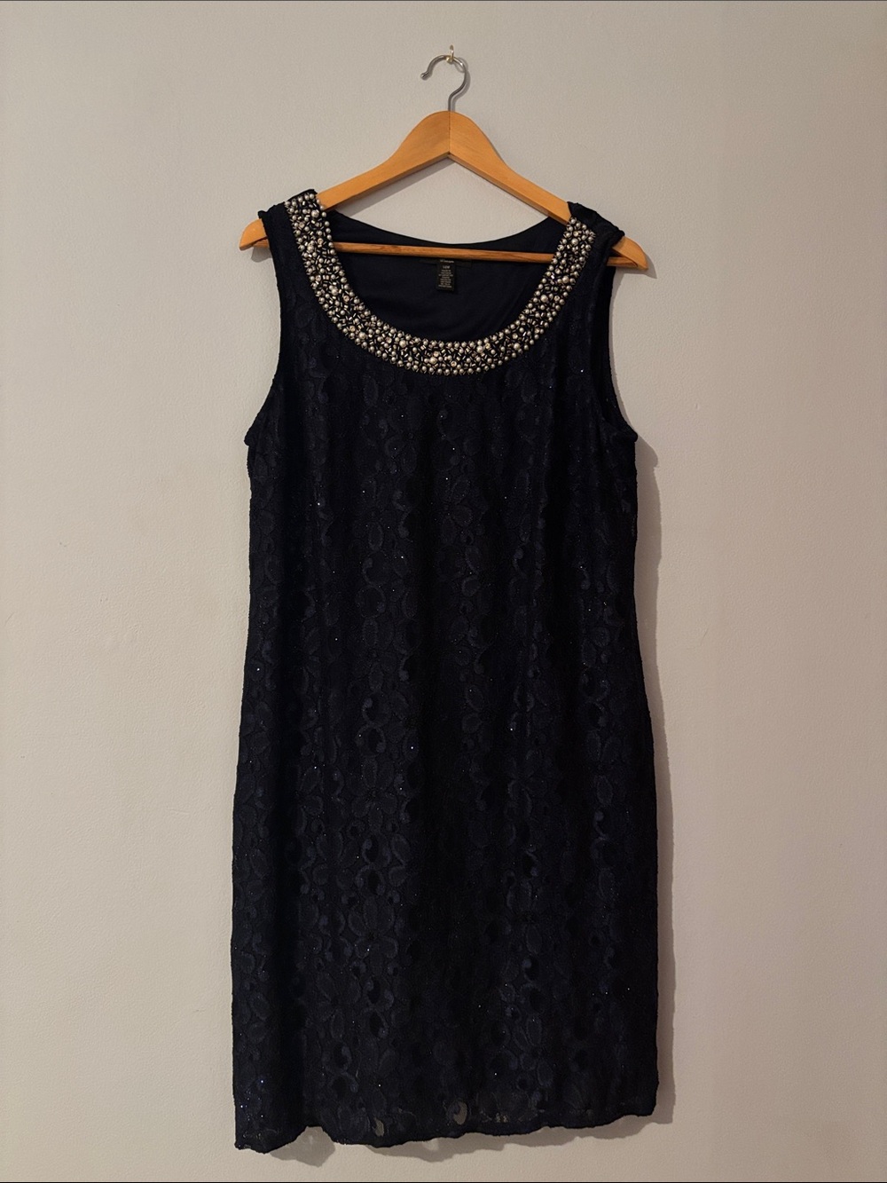 R & M Richards Black Lace Midi Dress with Beaded Scoop Neck